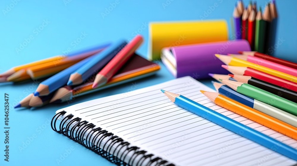 A notebook, textbooks, and a variety of stationery pencils are shown on a blue backdrop. A notebook, textbooks, and a variety of stationery pencils are shown on a blue backdrop.