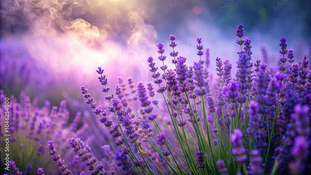 Obraz premium A delicate lavender mist drifts upwards from a patch of overgrown lavender flowers, mist, overgrowth