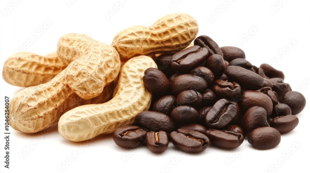 A close-up of raw peanuts and coffee beans, showcasing their textures and colors. A close-up of raw peanuts and coffee beans, showcasing their textures and colors.