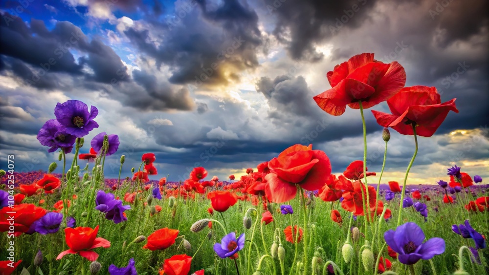 Obraz premium A delicate mix of red poppies and purple irises growing amidst the softness of a cloudy sky, serene landscape, wildflowers, cloudy sky