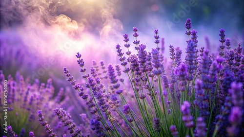 A delicate lavender mist drifts upwards from a patch of overgrown lavender flowers, mist, overgrowth