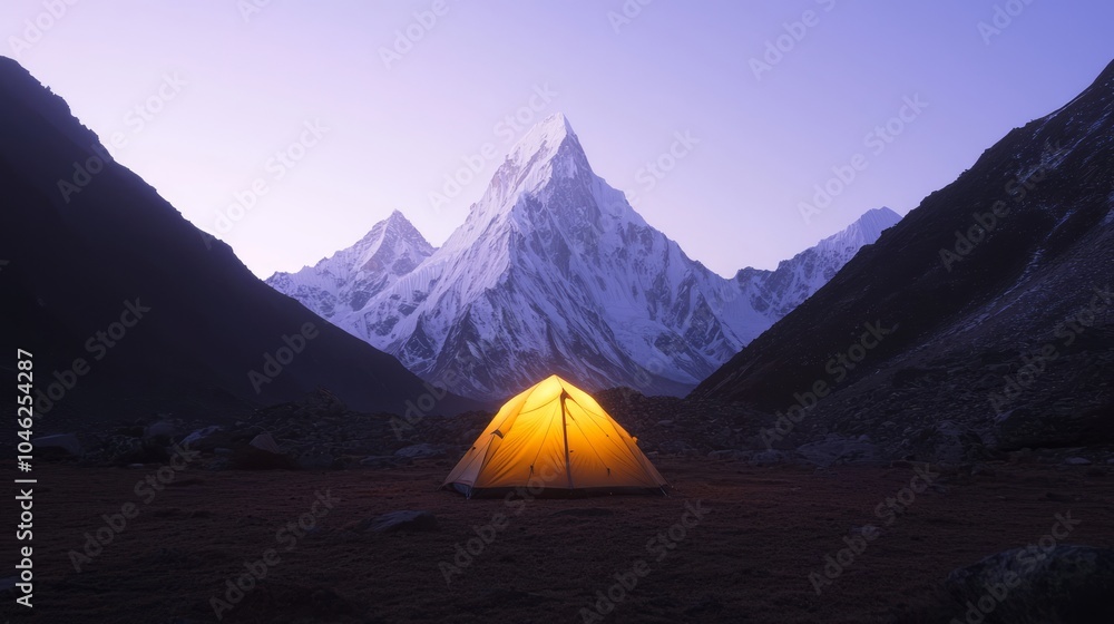 Serene Nature Camping Experience: Solo Backpacker Setting Up Tent Amidst Majestic Mountain Peaks at High-Altitude Campsite during Breathtaking Sunset Serene Nature Camping Experience: Solo Backpacker Setting Up Tent Amidst Majestic Mountain Peaks at High-Altitude Campsite during Breathtaking Sunset