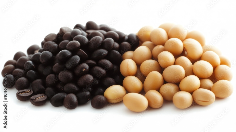 A pile of black beans and yellow soybeans on a white background. A pile of black beans and yellow soybeans on a white background.