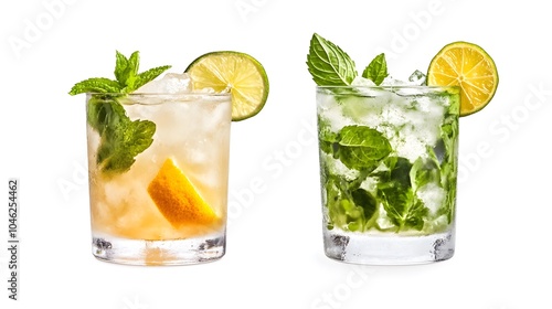 Classic caipirinha and mojito cocktails, isolated on a clear background