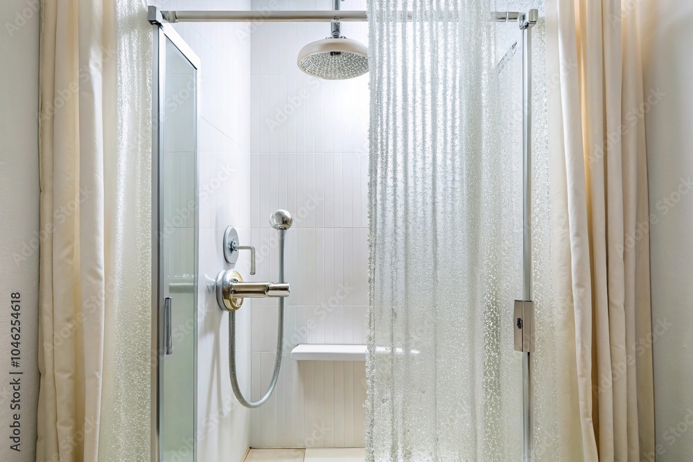 A dripping faucet in a bathroom is framed by a shower curtain and soap scum-covered glass doors, on a white background, fixtures, water droplets, soap scum, dripping A dripping faucet in a bathroom is framed by a shower curtain and soap scum-covered glass doors, on a white background, fixtures, water droplets, soap scum, dripping