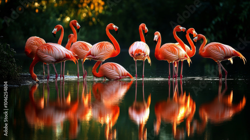 A group of flamingos standing in shallow water, with perfect reflections in the still water, captured in early morning light photo