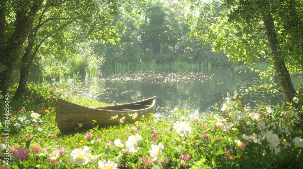 Serene Nature Camping Scene with Wooden Canoe by Tranquil Lake Surrounded by Wildflowers and Birdsong - Ultra-Detailed Wilderness Exploration Serene Nature Camping Scene with Wooden Canoe by Tranquil Lake Surrounded by Wildflowers and Birdsong - Ultra-Detailed Wilderness Exploration