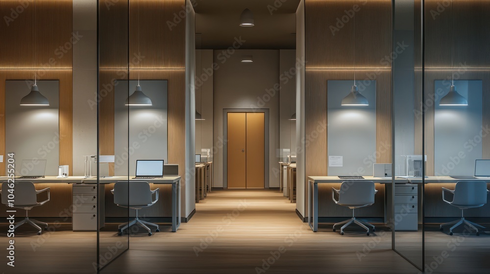 A quiet office space with soundproof walls, soft lighting, and individual desks, creating a serene environment for focused work A quiet office space with soundproof walls, soft lighting, and individual desks, creating a serene environment for focused work