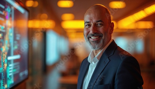 An accomplished senior businessman, smiling warmly while looking at the camera, standing in a sleek, modern office space