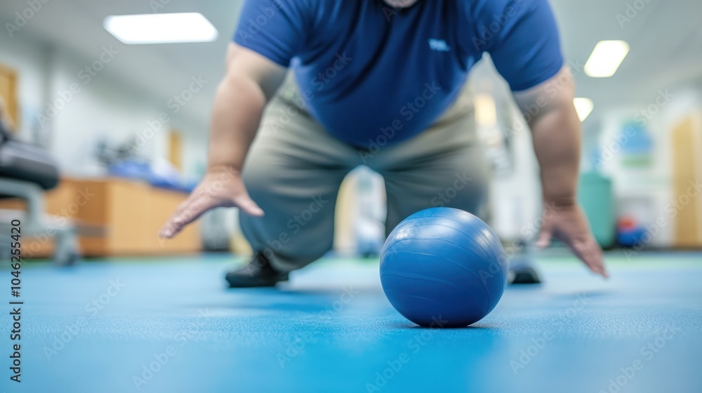 Naklejka premium A rehab session for an obese person, using assisted movement and stretching to rebuild strength after an injury, in a professional therapy center