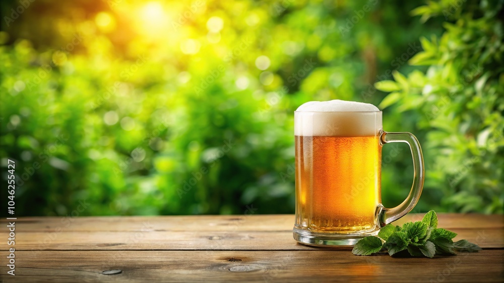 A frothy mug of beer floating on a wooden table surrounded by lush greenery, wood, beverage container, glassware, outdoor A frothy mug of beer floating on a wooden table surrounded by lush greenery, wood, beverage container, glassware, outdoor