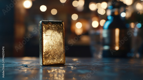 gleaming gold bar stands prominently on textured surface, surrounded by soft, blurred background of warm lights, evoking sense of luxury and wealth photo