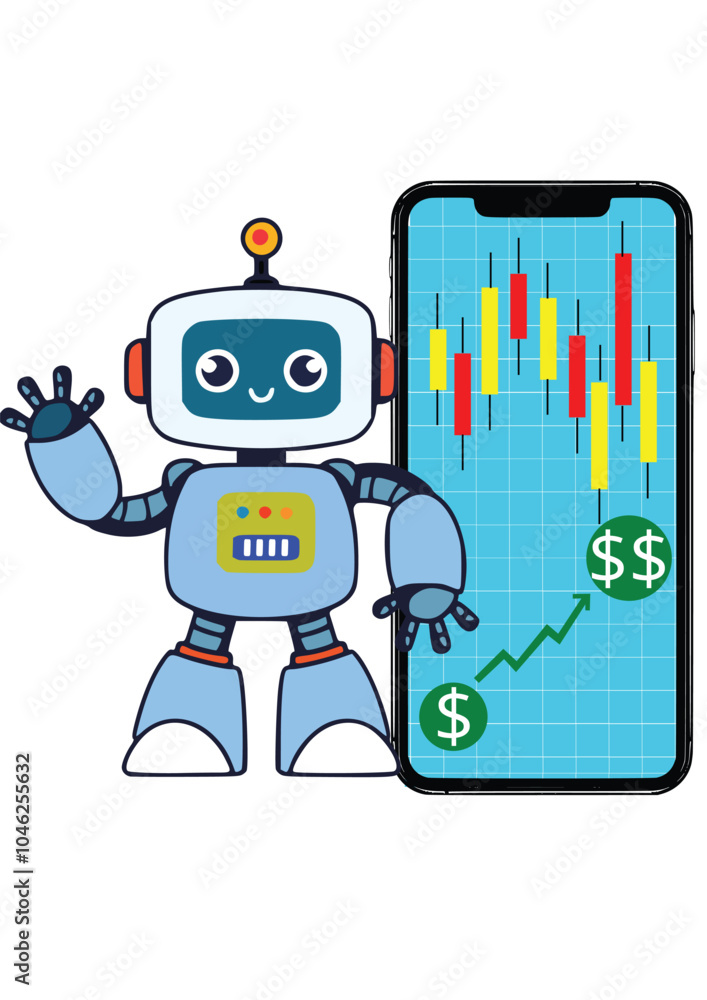a cartoon robot standing next to a smartphone displaying a candlestick trading chart. There are dollar signs and an upward green arrow, symbolizing financial growth or profit. The robot represents the a cartoon robot standing next to a smartphone displaying a candlestick trading chart. There are dollar signs and an upward green arrow, symbolizing financial growth or profit. The robot represents the