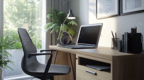 A remote office setup with a laptop on a sleek desk, comfortable chair, and noise-canceling headphones, creating a productive space for work-from-home professionals