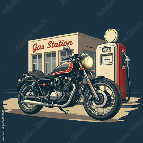 Vintage Motorcycle Vector illustration. A vector image of a vintage motorcycle with gas station.