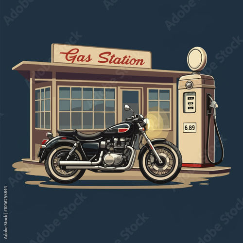 Vintage Motorcycle Vector illustration. A vector image of a vintage motorcycle with gas station.