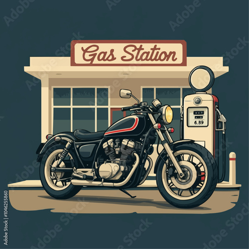 Vintage Motorcycle Vector illustration. A vector image of a vintage motorcycle with gas station.