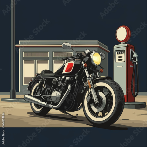 Vintage Motorcycle Vector illustration. A vector image of a vintage motorcycle with gas station.