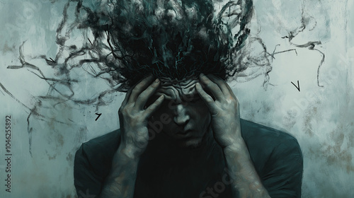 A man covers his face with his hands, dark hair is growing from his head and all over his body in an illustration style