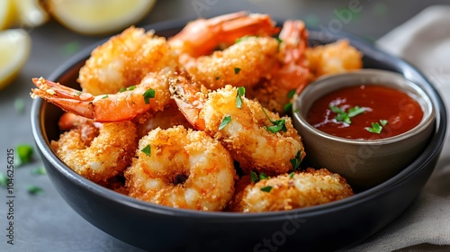 Crispy shrimp with dipping sauce served in a bowl