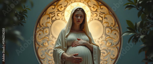  Religious portrait of a pregnant woman with a golden background