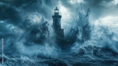 Dramatic Waves Crashing Against a Lighthouse at Dusk