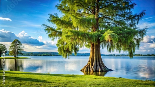 A large cypress tree standing alone near a lake surrounded by green grass and leaves with water lapping against the shore of the tree, woodland atmosphere photo