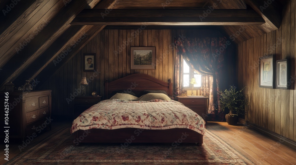 Cozy Attic Bedroom with Wooden Walls and Warm Lighting Cozy Attic Bedroom with Wooden Walls and Warm Lighting
