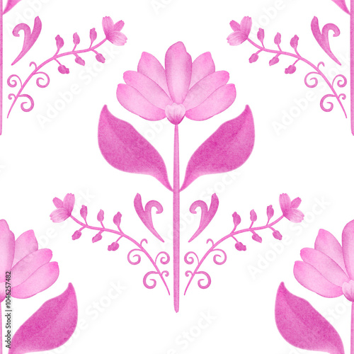 Watercolor,pink flower seamless pattern.Rosemaling art, traditional Norwegian decorative ornament. Floral illustration style with isolate background.Scandinavian folk design motif element.Hand drawn.