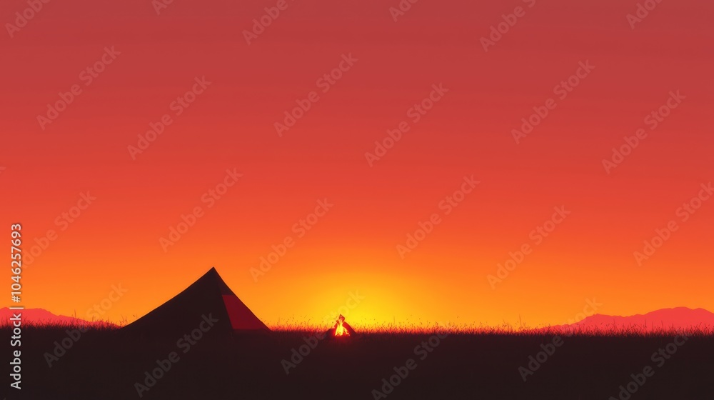 Serene Nature Camping Experience at Sunset with Cozy Tent and Campfire on Grassy Hillside Serene Nature Camping Experience at Sunset with Cozy Tent and Campfire on Grassy Hillside
