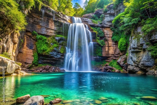 A majestic waterfall cascading down a rocky cliff into a deep pool of crystal-clear water, flowing, natural, scenic, crystal clear