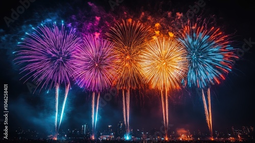 Colorful fireworks exploding over the cityscape at night
