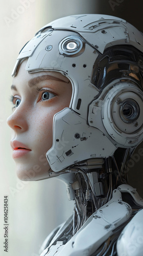 Female robot face, Artificial intelligence concept, humanoid head representing futuristic technology and artificial intelligence