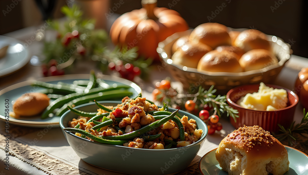 Thanksgiving side dishes served on a festive table Thanksgiving side dishes served on a festive table