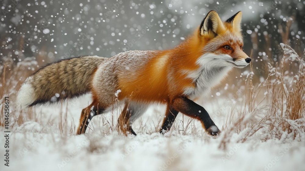 Red fox standing in the snow while snowing Red fox standing in the snow while snowing