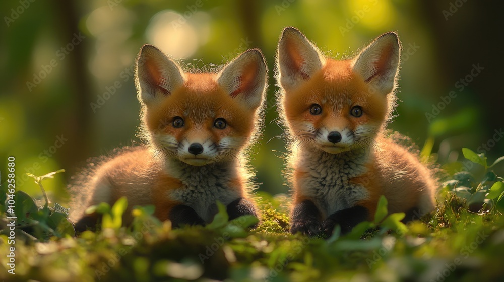 Obraz premium Two red fox cubs hiding in the forest