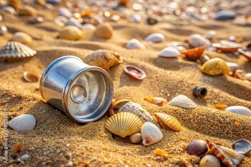 An empty beer can buried in the sand on a beach with seashells and pebbles surrounding it, weathered, abandoned, underwater, waves photo