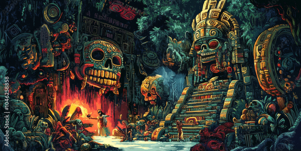 Obraz premium A mystical scene illustrating the Aztec gods of the underworld, richly detailed with traditional Day of the Dead elements, ancient symbols, and legends of the dead.