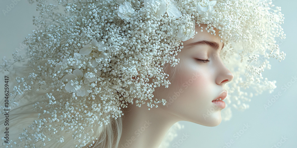 A serene female silhouette with delicate white flowers in her hair, perfect for spring-themed designs, wellness events, or tranquility-centered projects. A serene female silhouette with delicate white flowers in her hair, perfect for spring-themed designs, wellness events, or tranquility-centered projects.