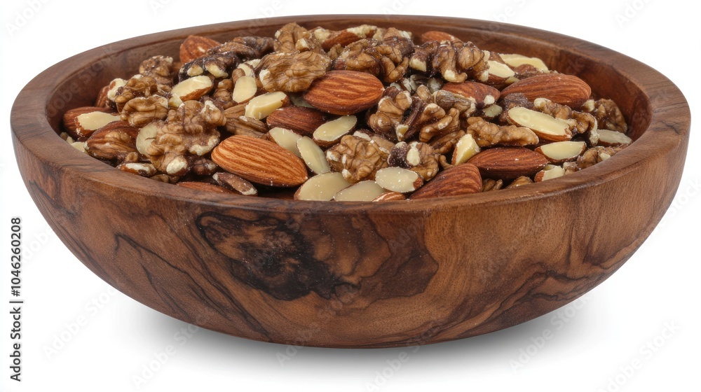 A wooden bowl filled with a mix of nuts, showcasing a healthy snack option. A wooden bowl filled with a mix of nuts, showcasing a healthy snack option.