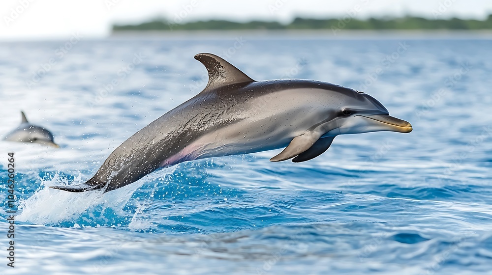 Obraz premium A pod of dolphins leaping through the turquoise waters of a tropical ocean, with a sun-drenched horizon in the background. The scene is a celebration of life and the wonder of the natural world.