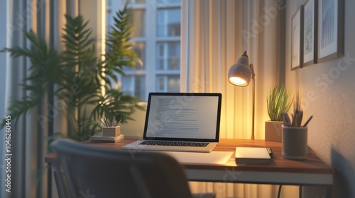 Wallpaper Mural A well-organized remote office setup with a laptop, desk lamp, and comfortable seating, set against a backdrop of a peaceful home interior Torontodigital.ca