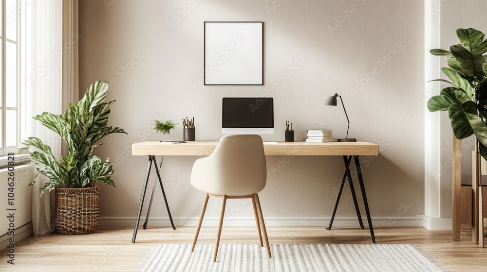 A workspace with a minimalist aesthetic, featuring a clean desk, a comfortable chair, and neutral tones to create a distraction-free environment A workspace with a minimalist aesthetic, featuring a clean desk, a comfortable chair, and neutral tones to create a distraction-free environment