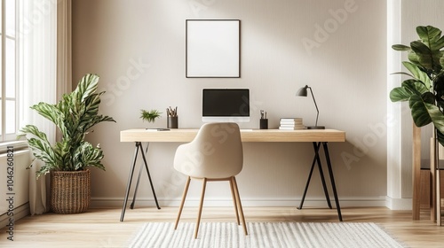 A workspace with a minimalist aesthetic, featuring a clean desk, a comfortable chair, and neutral tones to create a distraction-free environment