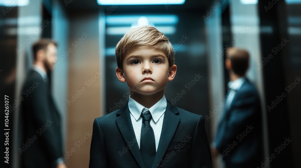 A young boy in the corporate world, standing in an elevator with other professionals, ready for a busy workday A young boy in the corporate world, standing in an elevator with other professionals, ready for a busy workday