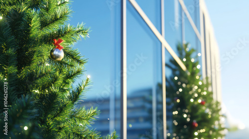 A close-up of the reflection in modern glass window christmas themed