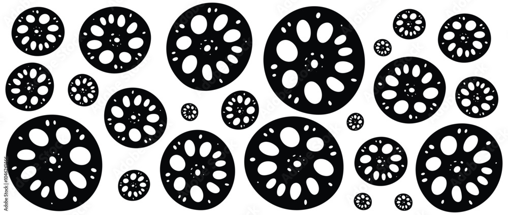 Lotus root pattern. Cross section black silhouette on white background. Porous structure. Asian cuisine. Vector illustration. Lotus root pattern. Cross section black silhouette on white background. Porous structure. Asian cuisine. Vector illustration.
