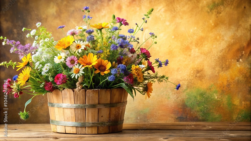 A vibrant and playful arrangement of wildflowers in a rustic wooden bucket against a warm beige background, outdoors, arrangements, wildflowers, buckets A vibrant and playful arrangement of wildflowers in a rustic wooden bucket against a warm beige background, outdoors, arrangements, wildflowers, buckets