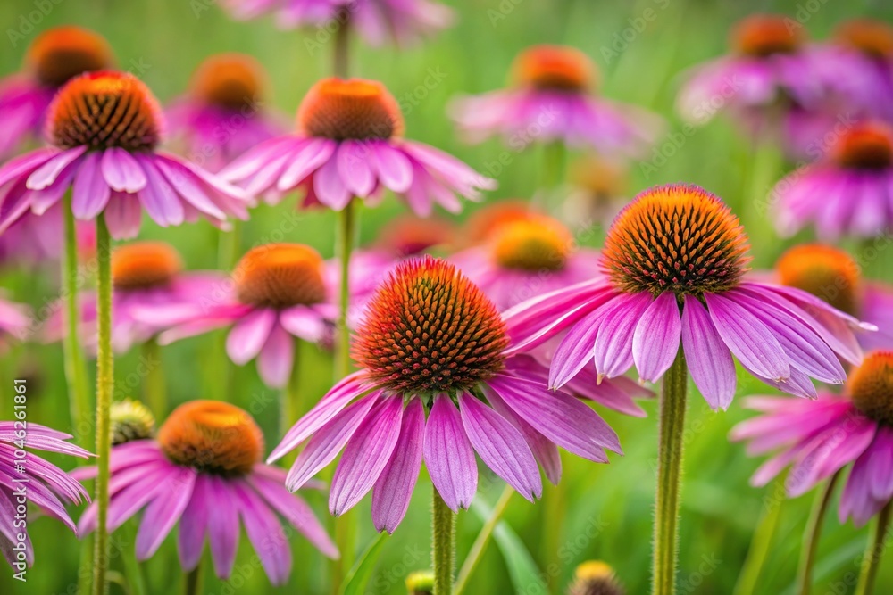 Fototapeta premium A vibrant patch of purple coneflowers swaying gently in the breeze amidst a sea of green grass, landscape, nature, breeze, cone flowers