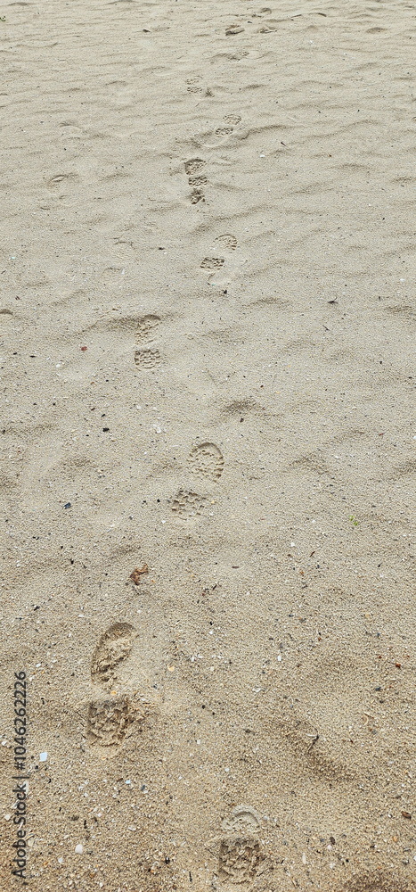 A long trail of footsteps on the sand. Shoes step on the sand. Traces of a lonely walk along the seaside
A long trail of footsteps on the sand. Shoes step on the sand. Traces of a lonely walk along the seaside